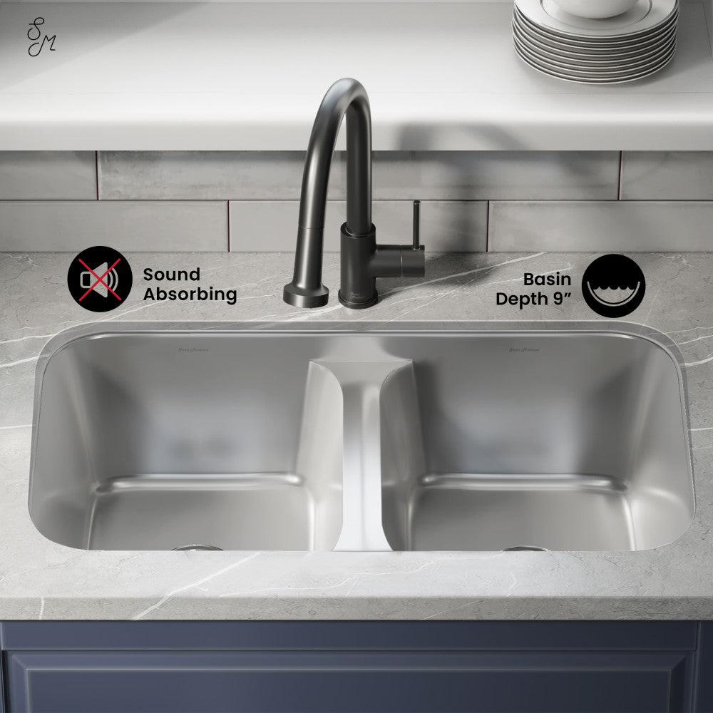 Dual basin undermount stainless steel kitchen sink with sound-absorbing features and 9-inch depth.