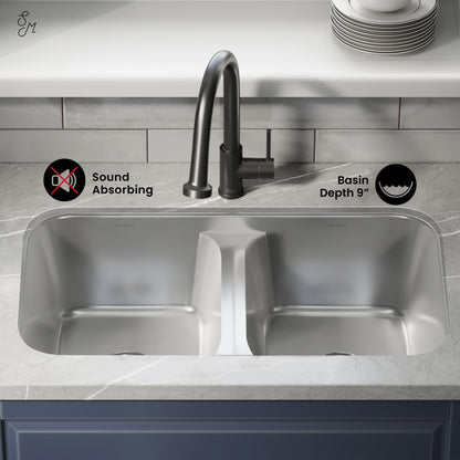Dual basin undermount stainless steel kitchen sink with sound-absorbing features and 9-inch depth.