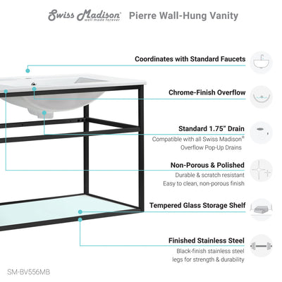 Pierre 30 Single, Open Shelf, Matte Black Metal Frame Bathroom Vanity