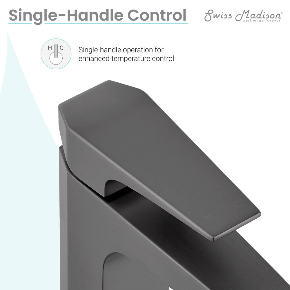 Single-handle bathroom faucet in gunmetal gray with sleek angular spout and minimalist design.