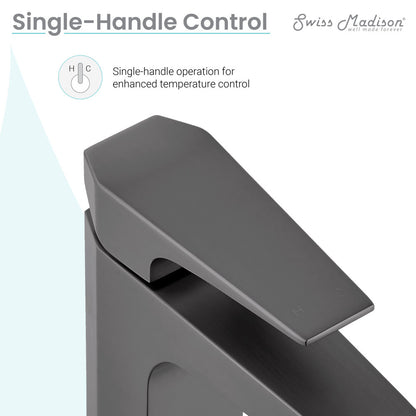 Single-handle bathroom faucet in gunmetal gray with sleek angular spout and minimalist design.