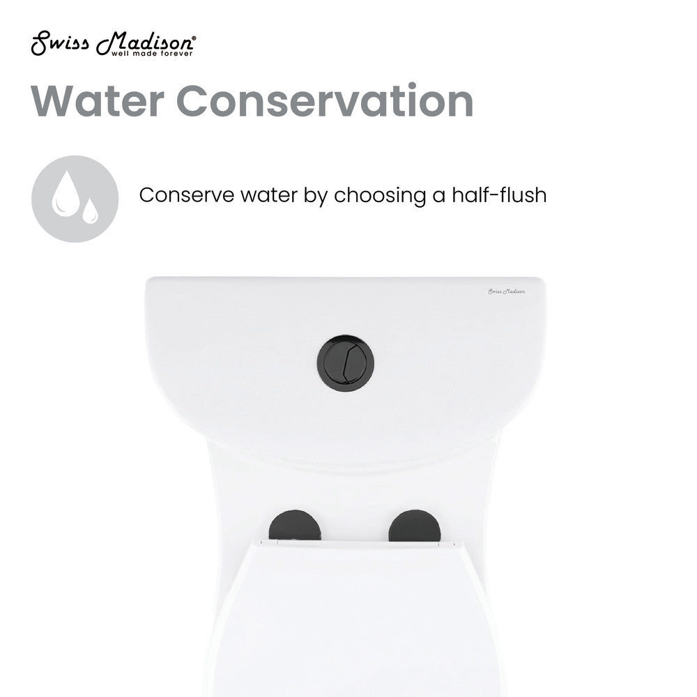 Elongated one-piece toilet with dual flush, white with black flush buttons, sleek and modern design.