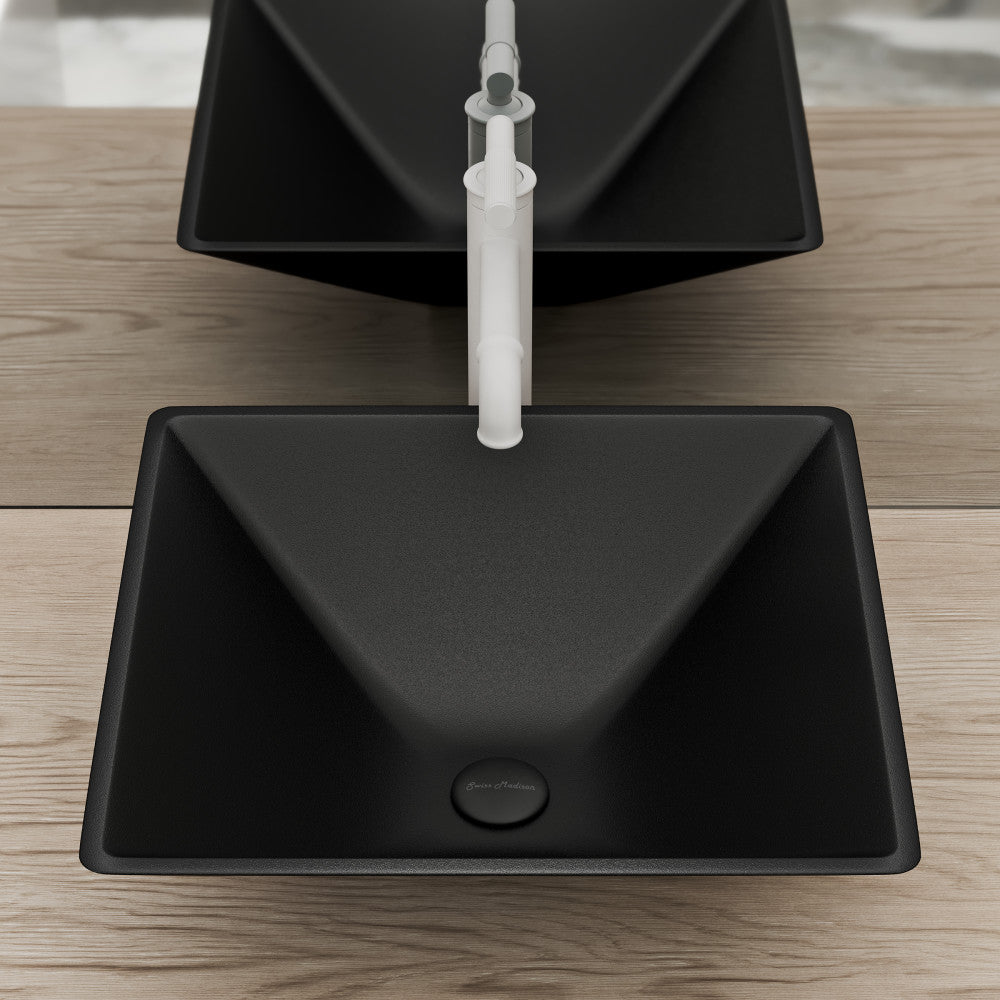 15.5" black glass vessel sink with geometric square shape and center drain.