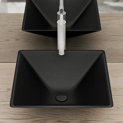 15.5" black glass vessel sink with geometric square shape and center drain.