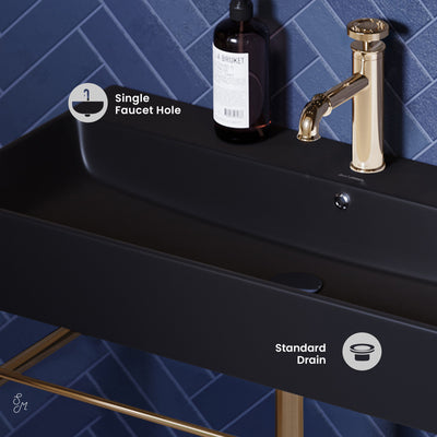 Carre 36 Ceramic Console Sink Matte Black Basin Gold Legs