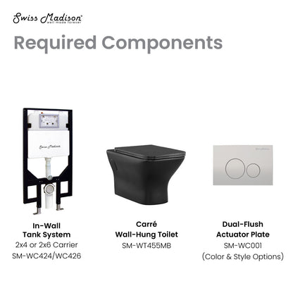 Elongated wall-hung toilet bowl in matte black with dual-flush actuator plate and in-wall tank system.