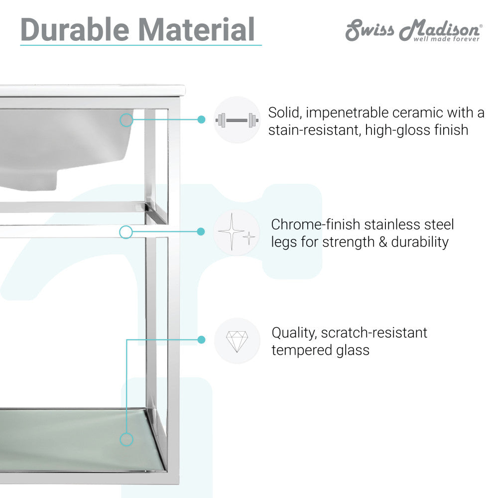 24-inch wall-mounted bathroom vanity with open shelf and chrome frame, ceramic sink top.