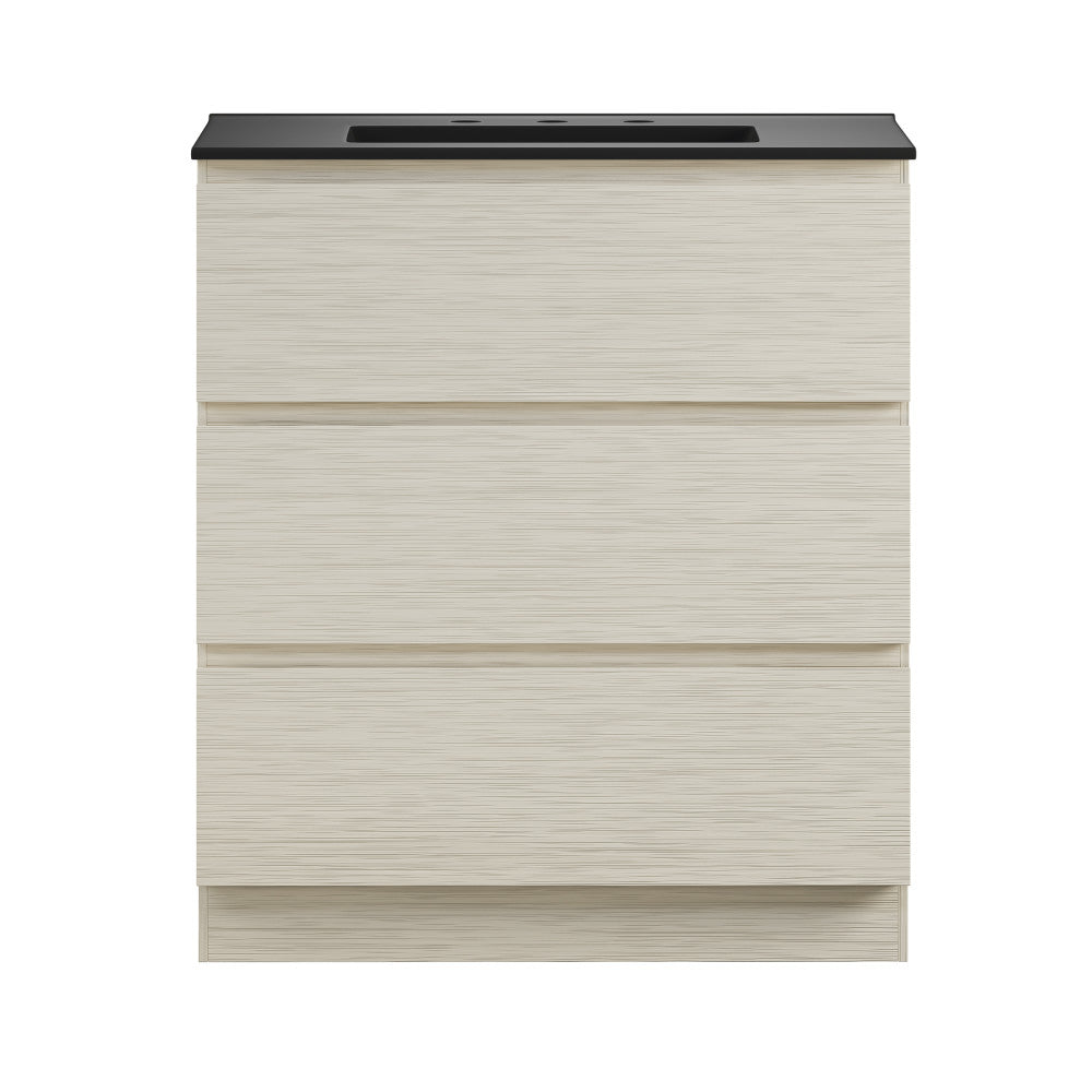 Liberte 30" Freestanding Bathroom Vanity in White Oak with Black 3-Hole Widespread Sink Top