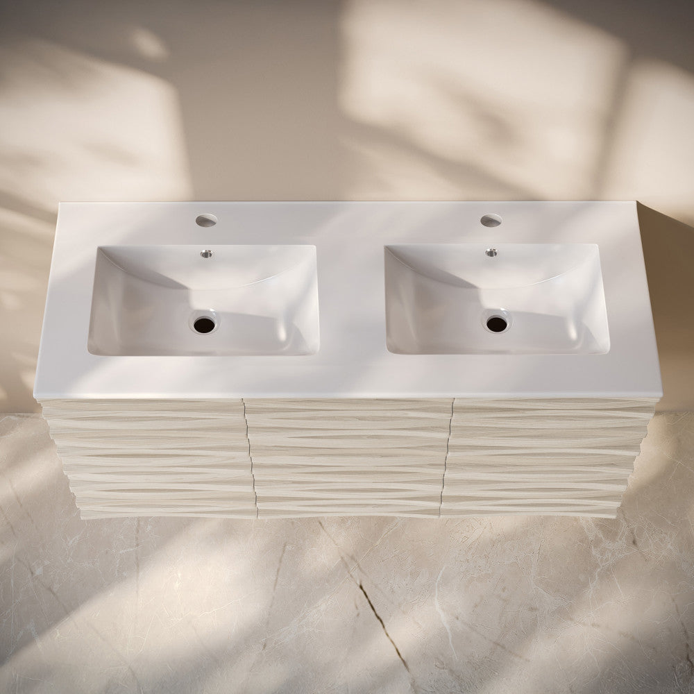 Cascade 48" Wall-Mounted Bathroom Vanity in White Oak with Double Basin Sink Top