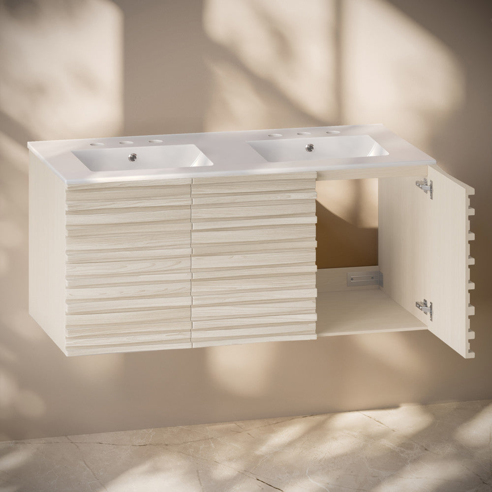 Cascade 48" Wall-Mounted Bathroom Vanity in White Oak with 3-Hole Widespread Double Basin Sink Top