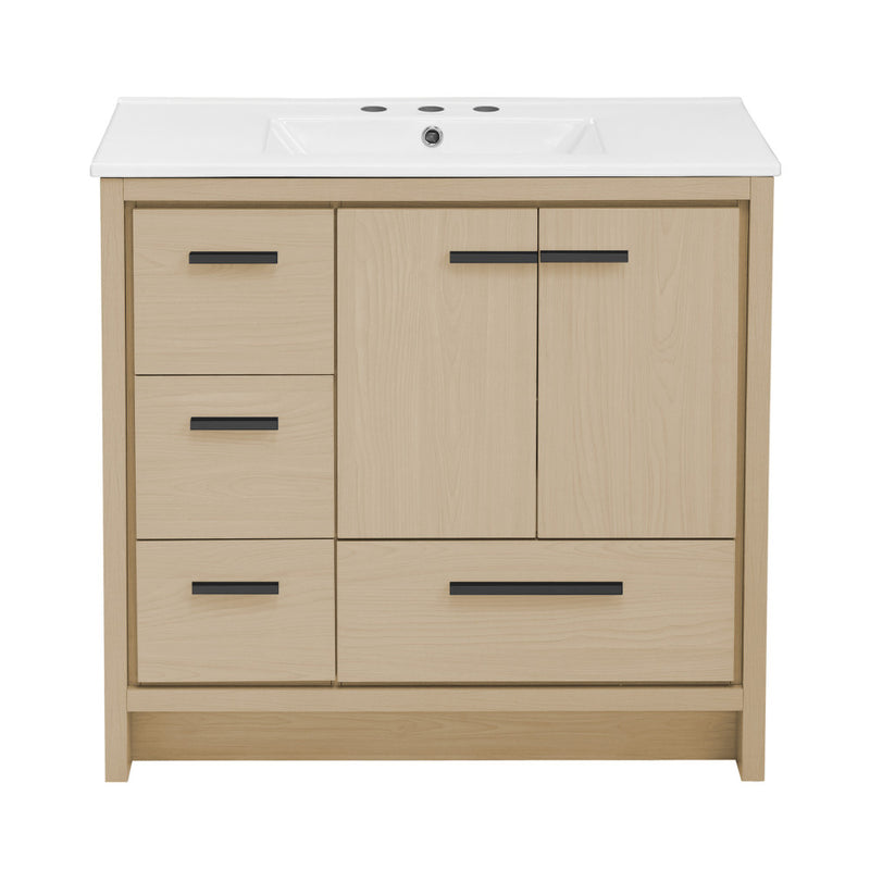 Virage 36 in. Brown Oak Bathroom Vanity With White, 3-Hole Ceramic Sink Top