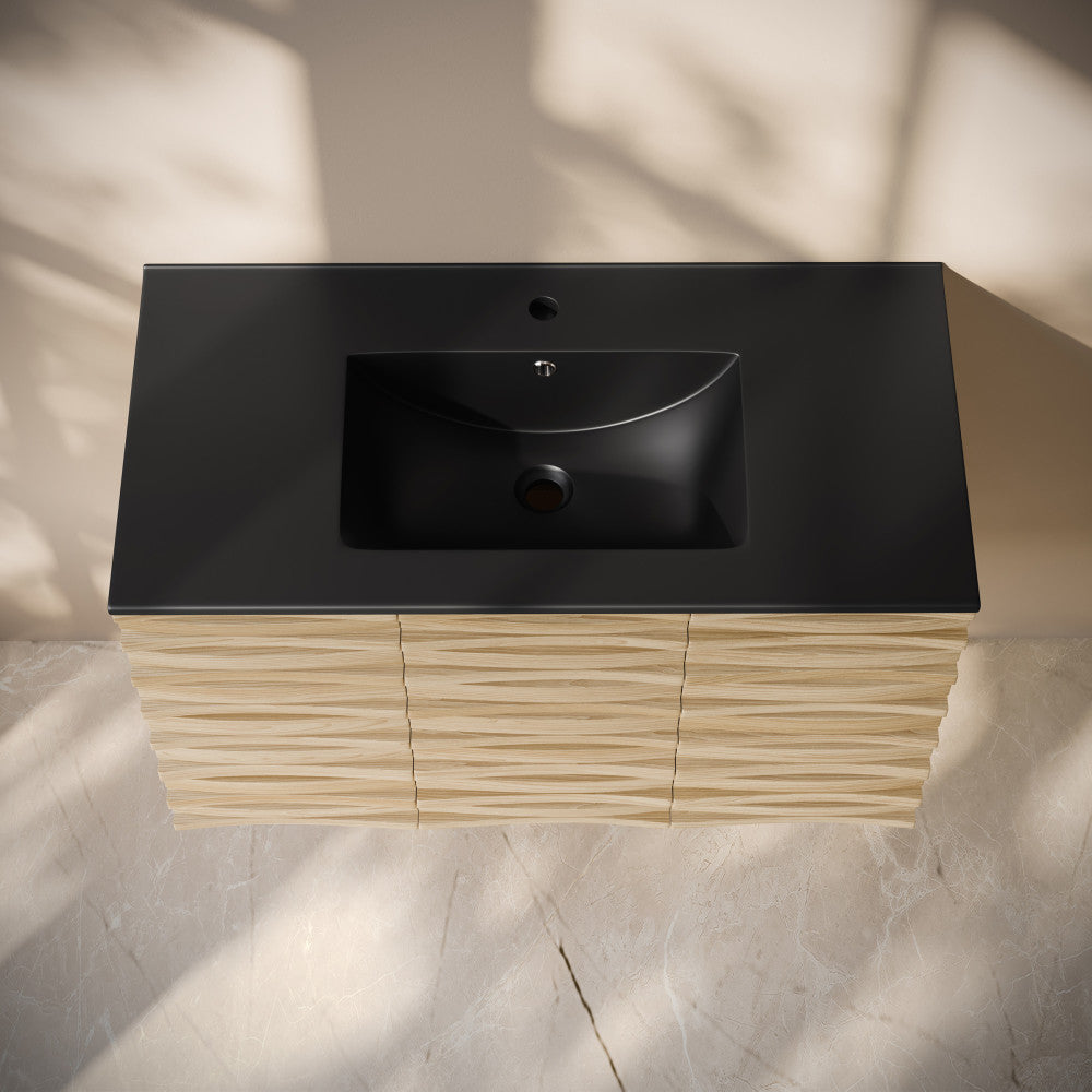 Cascade 36" Wall-Mounted Bathroom Vanity in Natural Oak with Black Sink Top
