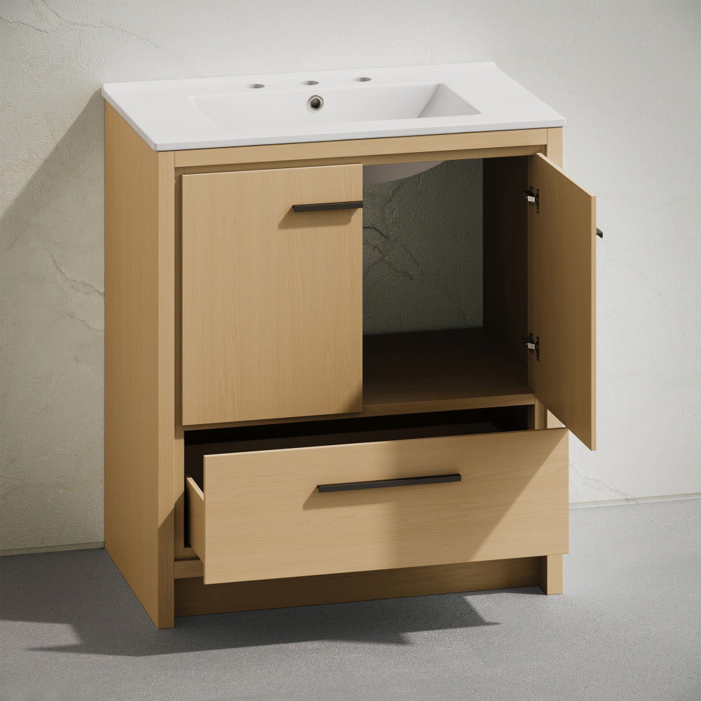 Virage 30" Freestanding Bathroom Vanity in Natural Oak with 3-Hole Widespread Sink Top
