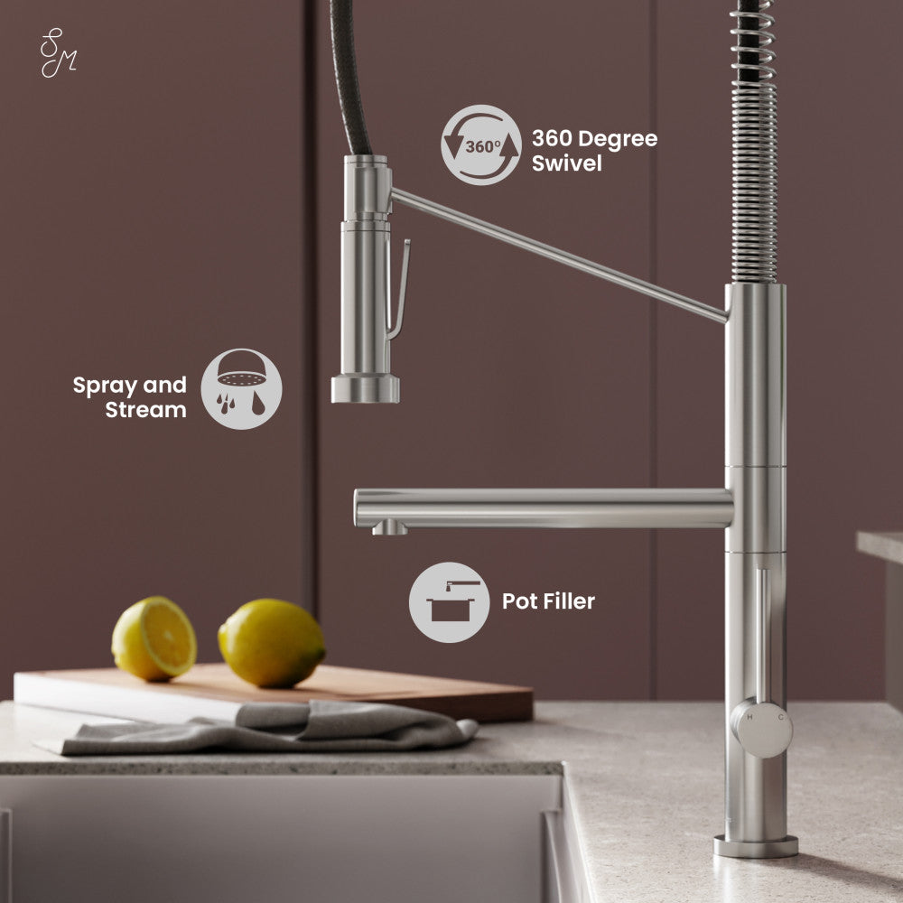 Single handle pull-down kitchen faucet with pot filler in brushed nickel, 360-degree swivel, spray and stream modes.