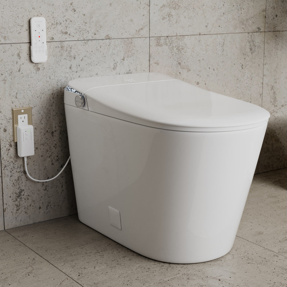 Remi Smart Toilet 12” Rough-in ADA Height in Glossy White with Integrated Tank, Auto-Open Lid, Foot Sensor