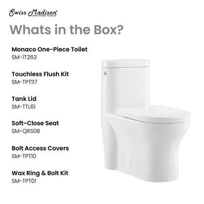 Elongated one-piece toilet with dual-flush and touchless operation in white ceramic.