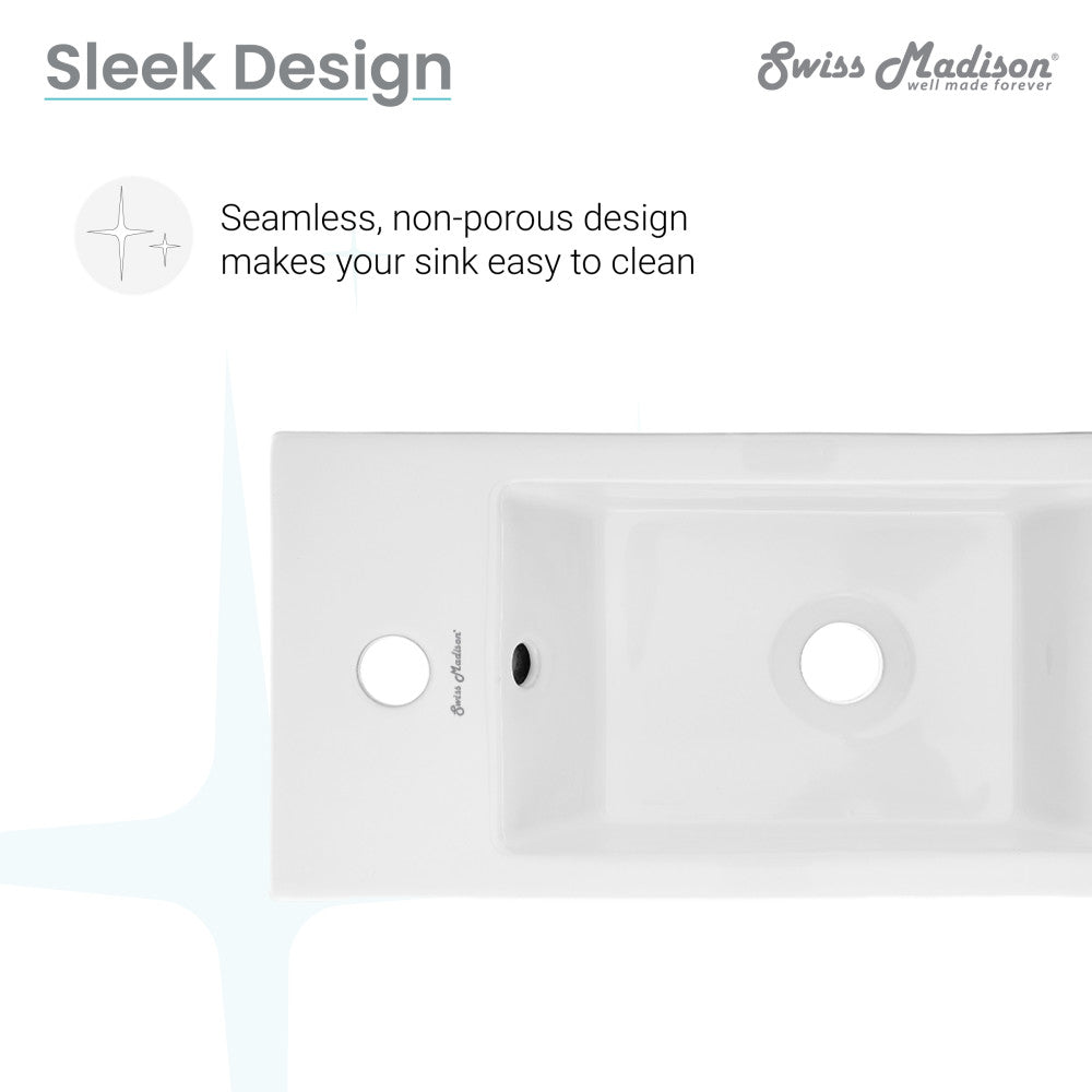 Rectangular ceramic wall-hung sink with left side faucet mount and clean, glossy white finish.