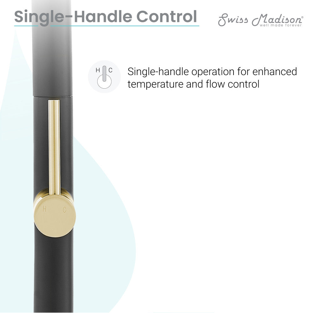 Single-handle pull-down kitchen faucet in brushed gold and black with temperature and flow control.