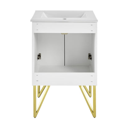 24-inch freestanding bathroom vanity in galaxy white with sink top and gold metal legs, open storage space.