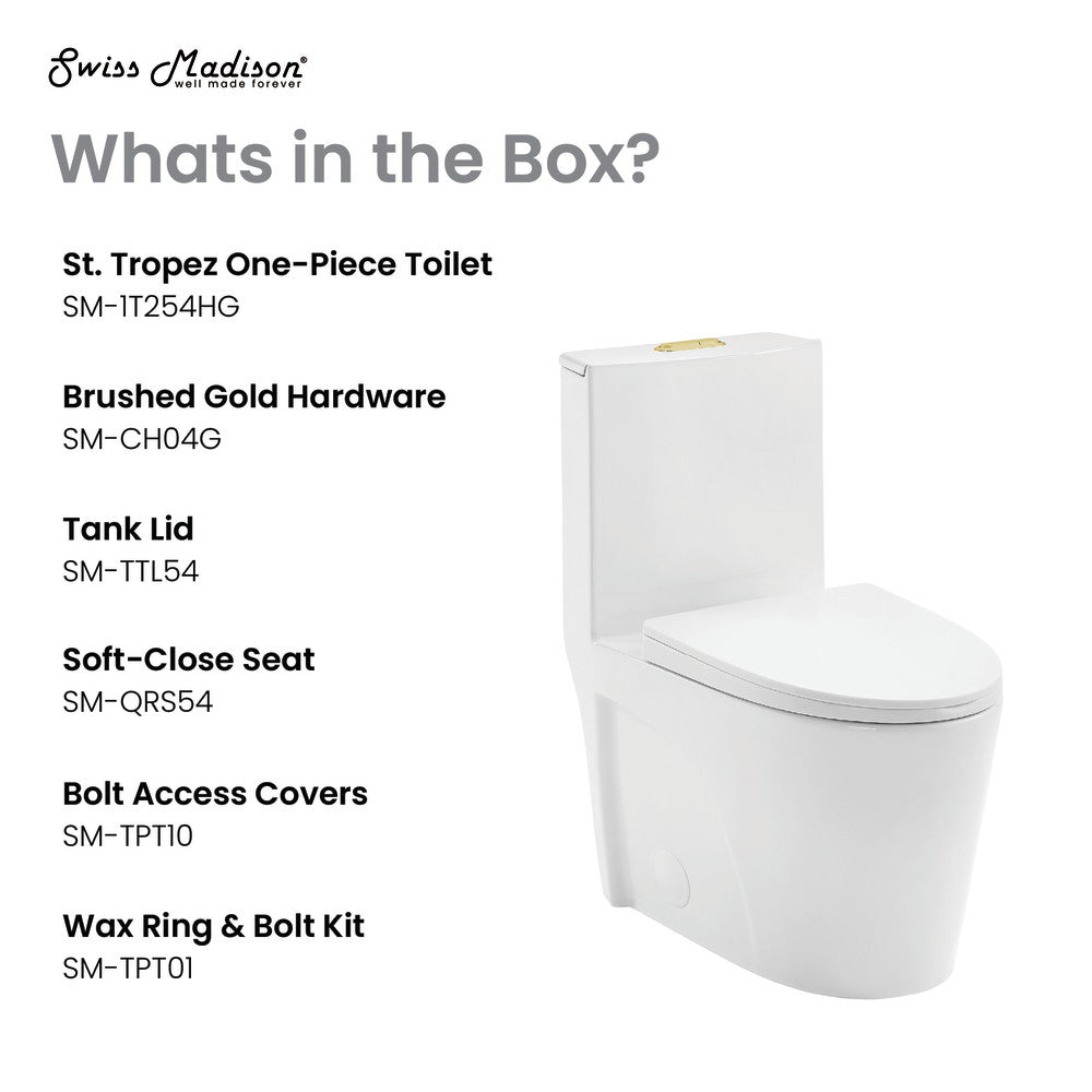 Elongated one-piece toilet with dual vortex flush and gold hardware, soft-close seat.