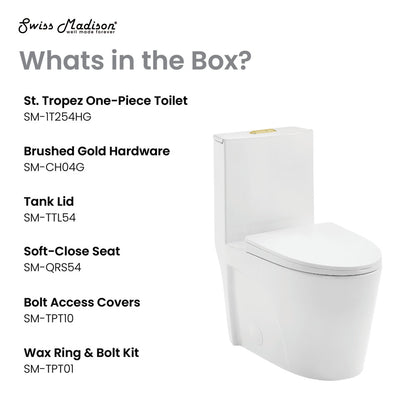 Elongated one-piece toilet with dual vortex flush and gold hardware, soft-close seat.