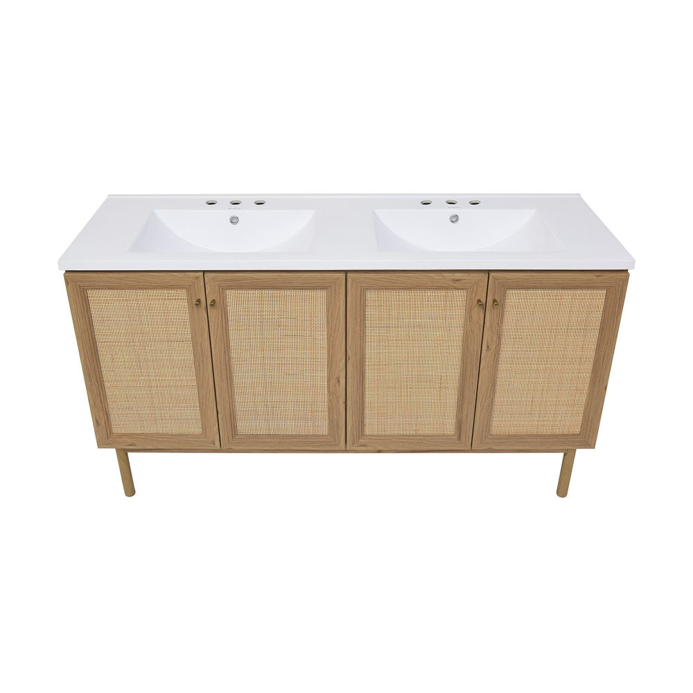 Classe 60" Freestanding Bathroom Vanity in Golden Oak with 3-Hole Widespread Double Basin Sink Top
