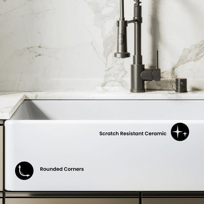 Elegance 33" x 20" Single Basin Fireclay Farmhouse Kitchen Sink in Glossy White