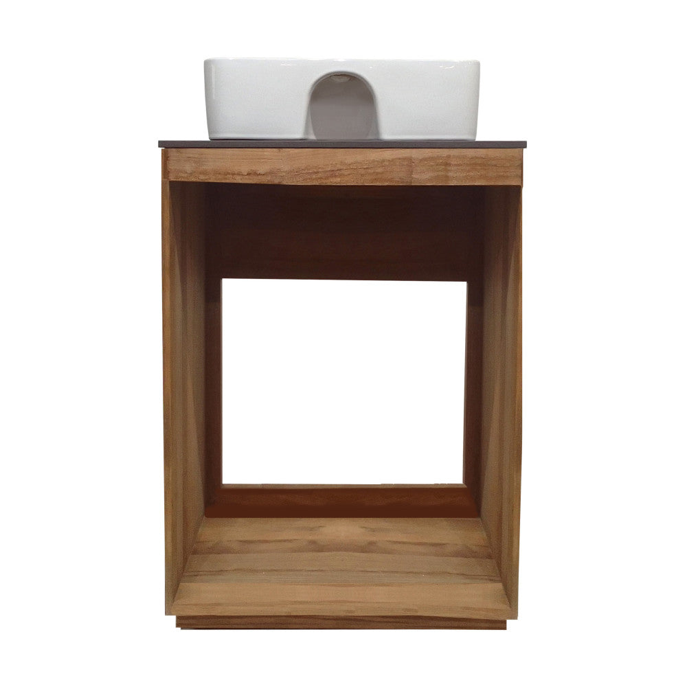 24-inch freestanding bathroom vanity in reclaimed walnut with slate countertop and single hole vessel sink.