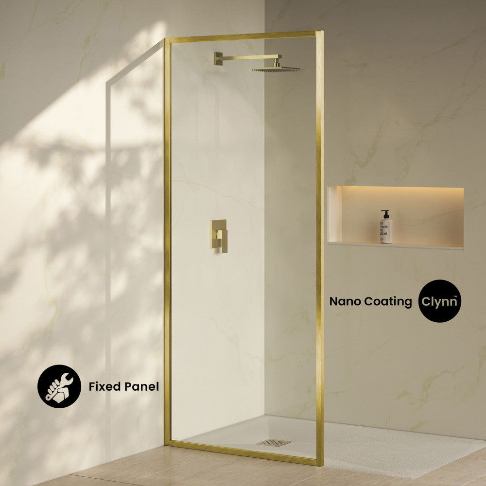 Pierre 34 x 76 Framed Fixed 3/8 in. (10mm) Clear Tempered Glass Shower Door with Brushed Gold Frame