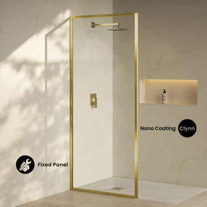 Pierre 34 x 76 Framed Fixed 3/8 in. (10mm) Clear Tempered Glass Shower Door with Brushed Gold Frame