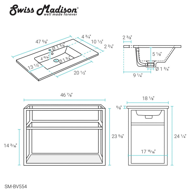 Pierre 48 Single, Metal Frame, Open Shelf, Bathroom Vanity