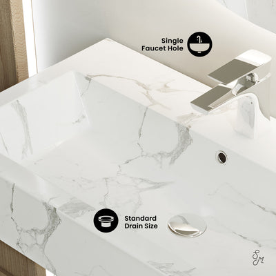 Voltaire Wide Rectangle Wall Hung Sink in White Marble