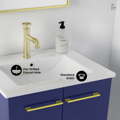 24-inch freestanding bathroom vanity in navy blue, single sink, soft-close doors, white countertop with pre-drilled faucet.