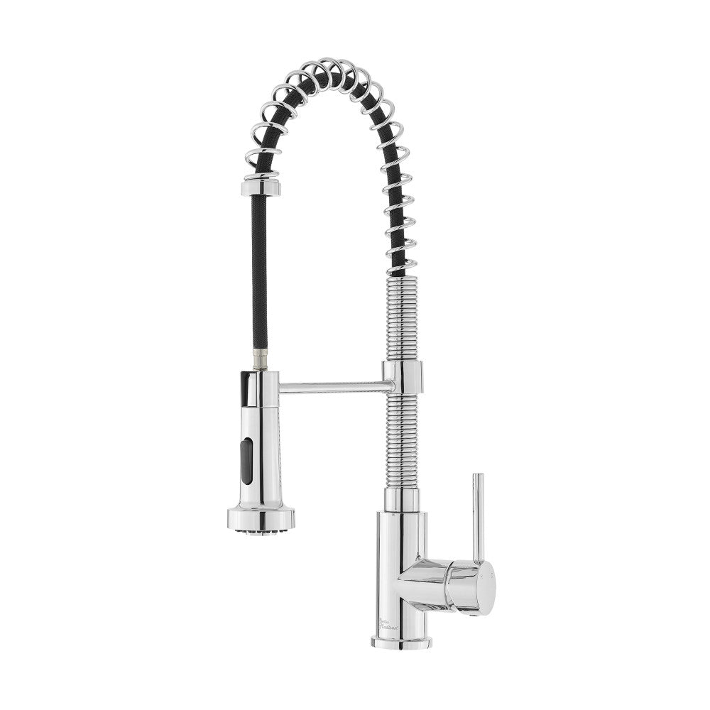 Pull-down single handle kitchen faucet in chrome with flexible spring spout and spray head.