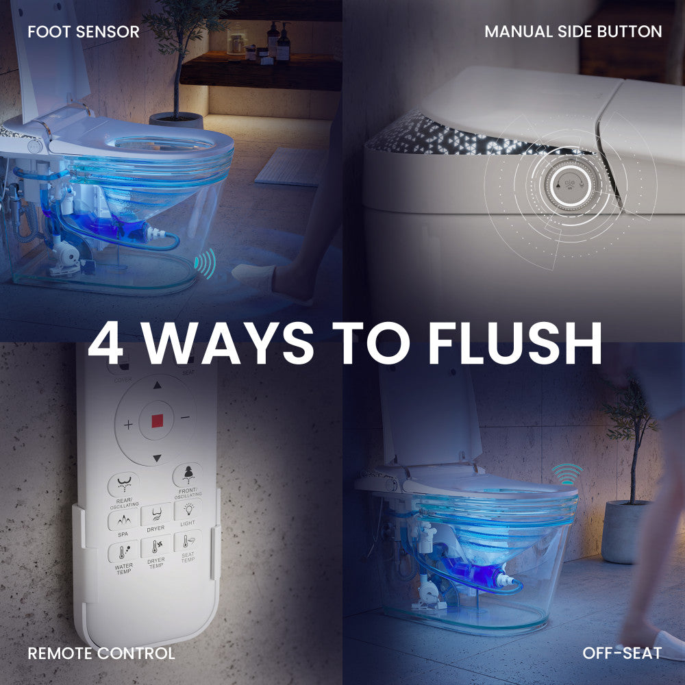 Remi Smart Toilet 12” Rough-in ADA Height in Glossy White with Integrated Tank, Auto-Open Lid, Foot Sensor