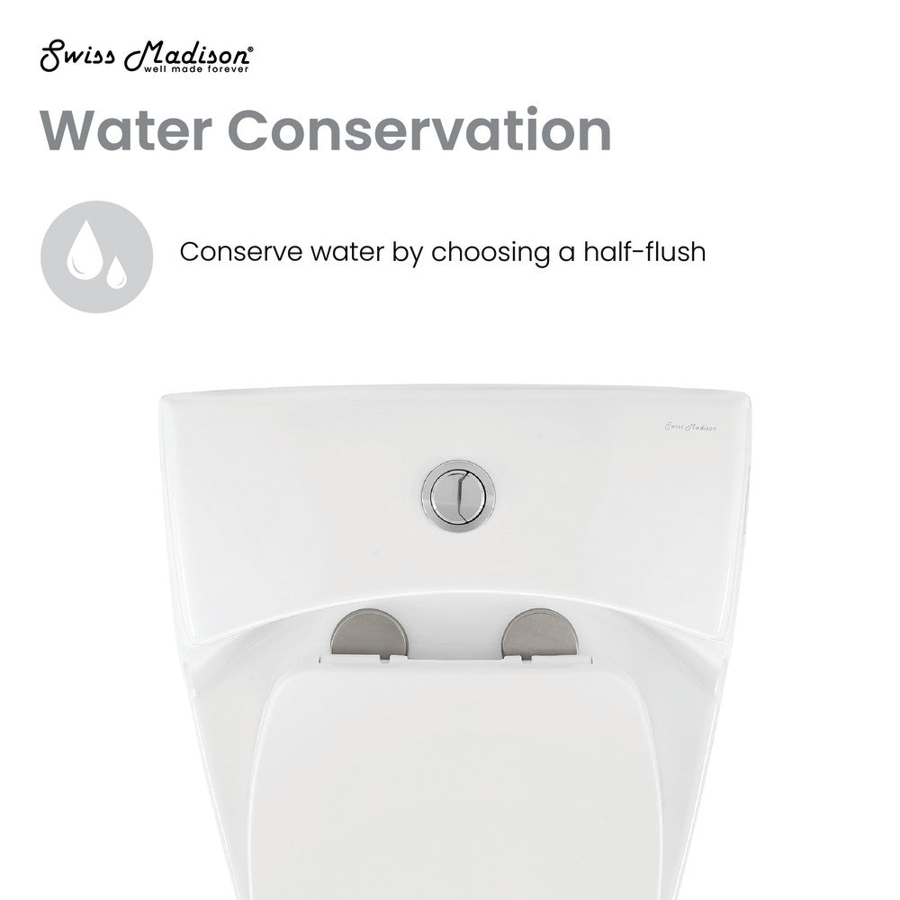 Elongated one-piece white toilet with dual-flush button on top for water conservation.