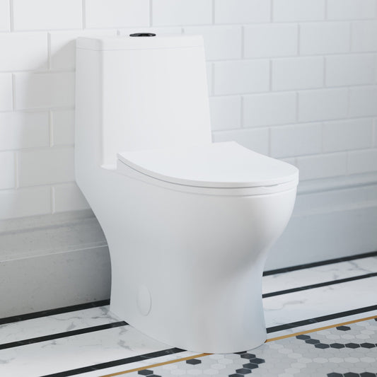 Elongated one-piece toilet in white with black hardware, Dual Vortex™ dual flush system, compact design.