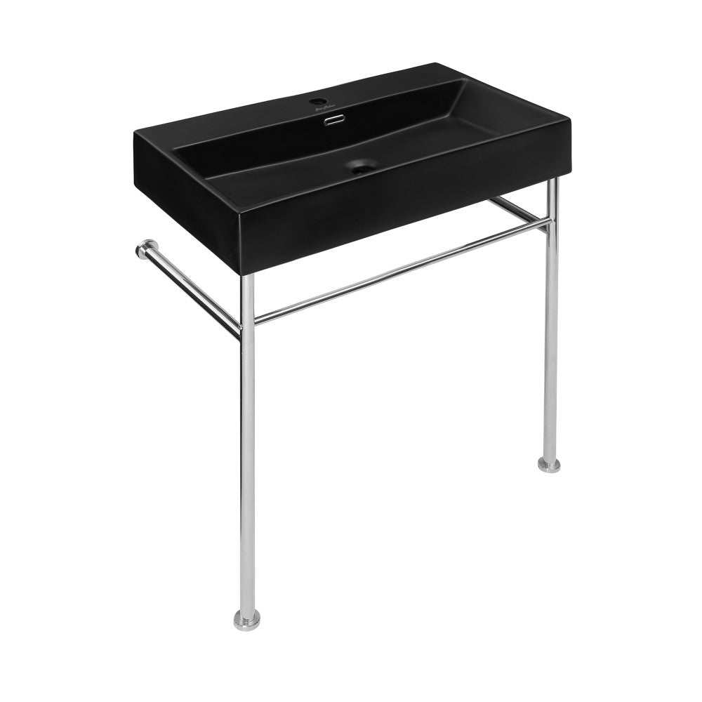 Matte black ceramic console sink with chrome legs and integrated towel rail, rectangular basin design.