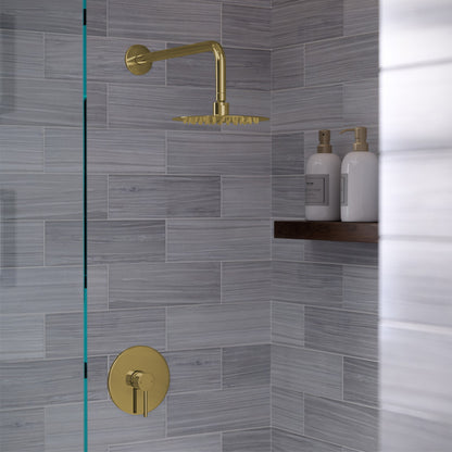 Wall-mounted fixed shower head and single-handle valve in brushed gold, round spray face, Ivy collection.