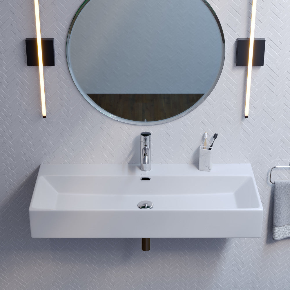 40" rectangular wall-mount bathroom sink in white with single faucet hole and central drain.