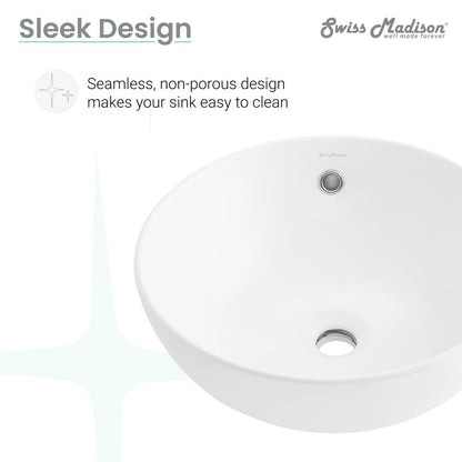 17-inch round vessel sink in matte white with seamless, non-porous design and center drain.
