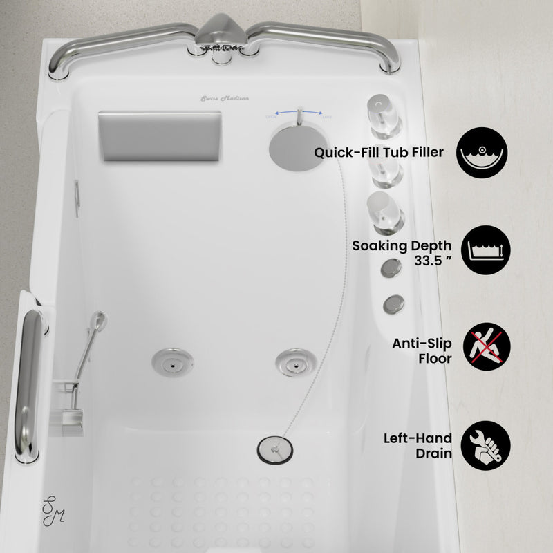 Auvergne 53" x 27" ADA Left Drain Walk-in Soaking Bathtub with Massage Jets in Glossy White, Faucet Set, Drain, Grab Bars, Pillow Included
