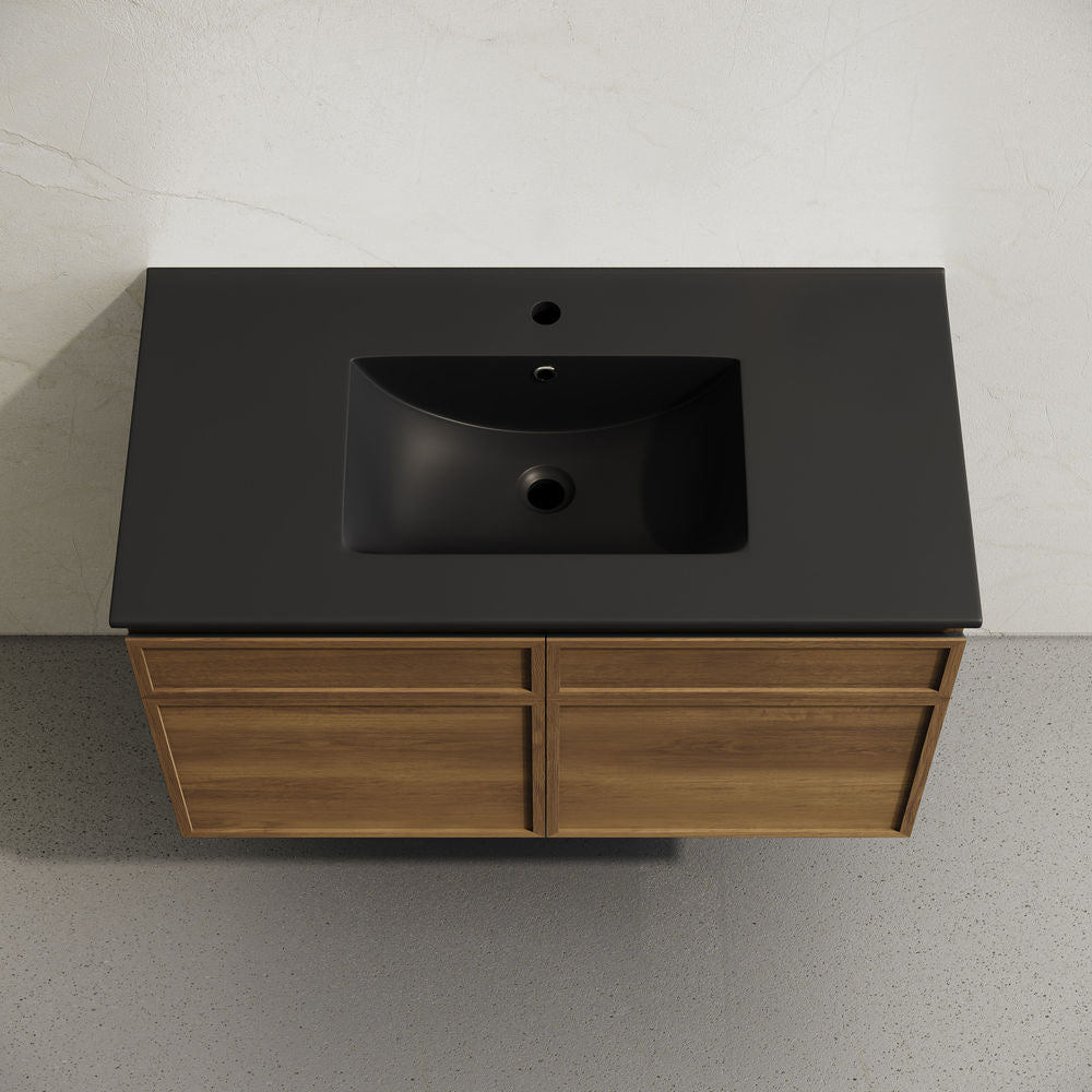 St. Tropez 36" Wall-Mounted Bathroom Vanity in Brown Oak with Black Sink Top