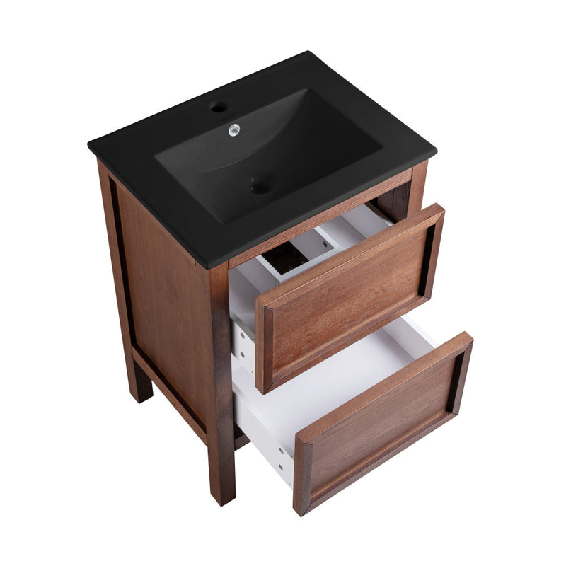 Nadar 24 in. Brown Walnut Bathroom Vanity With Black Ceramic Sink Top