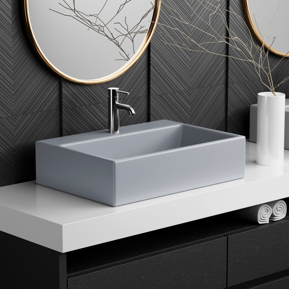 20" rectangular matte gray ceramic vessel sink with sleek, minimalist design on white countertop.