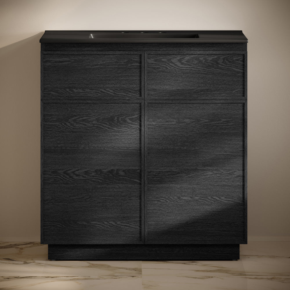 St. Tropez 36" Freestanding Bathroom Vanity in Black Oak with Black 3-Hole Widespread Sink Top