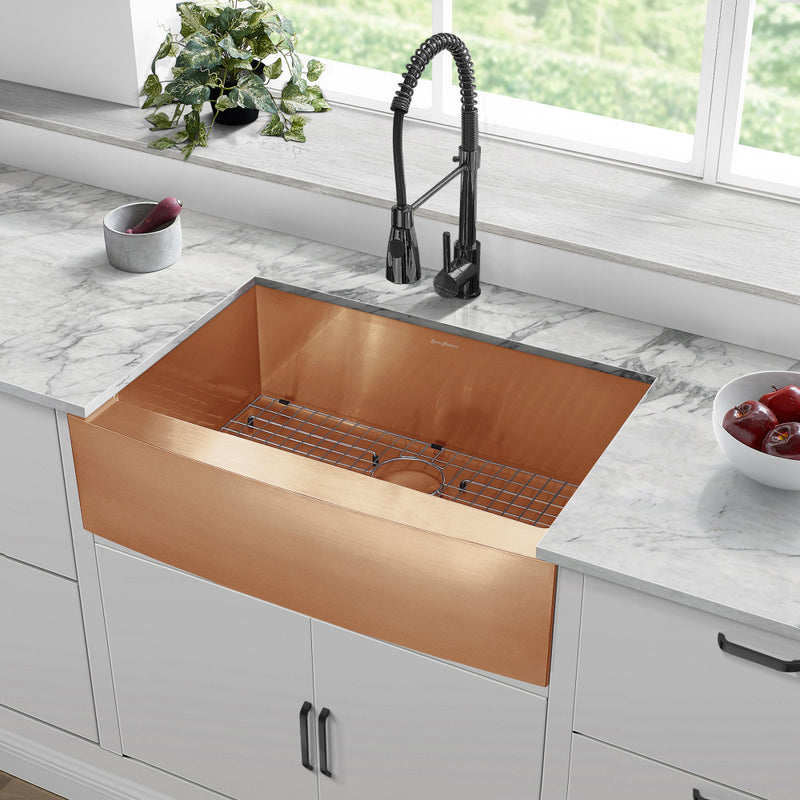 Rivage 30 x 21  Stainless Steel, Single Basin, Farmhouse Kitchen Sink with Apron in Rose Gold