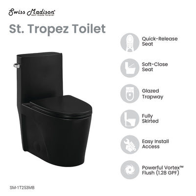 St. Tropez One-Piece Elongated Toilet Left Side Vortex Flush Handle in Matte Black 1.28 gpf