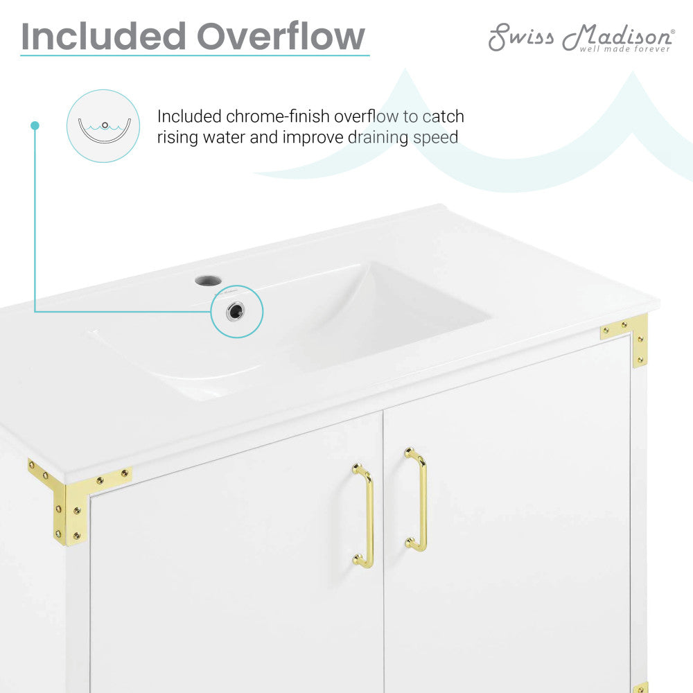 36-inch freestanding white bathroom vanity with single sink and gold-tone hardware.
