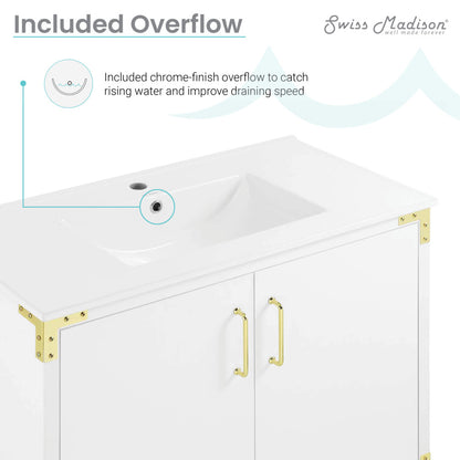 36-inch freestanding white bathroom vanity with single sink and gold-tone hardware.